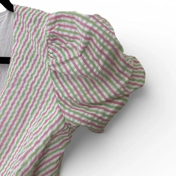 NWOT Draper James RSVP XS Pink Green Striped Seersucker Puff Sleeve Wrap Dress - Picture 4 of 14